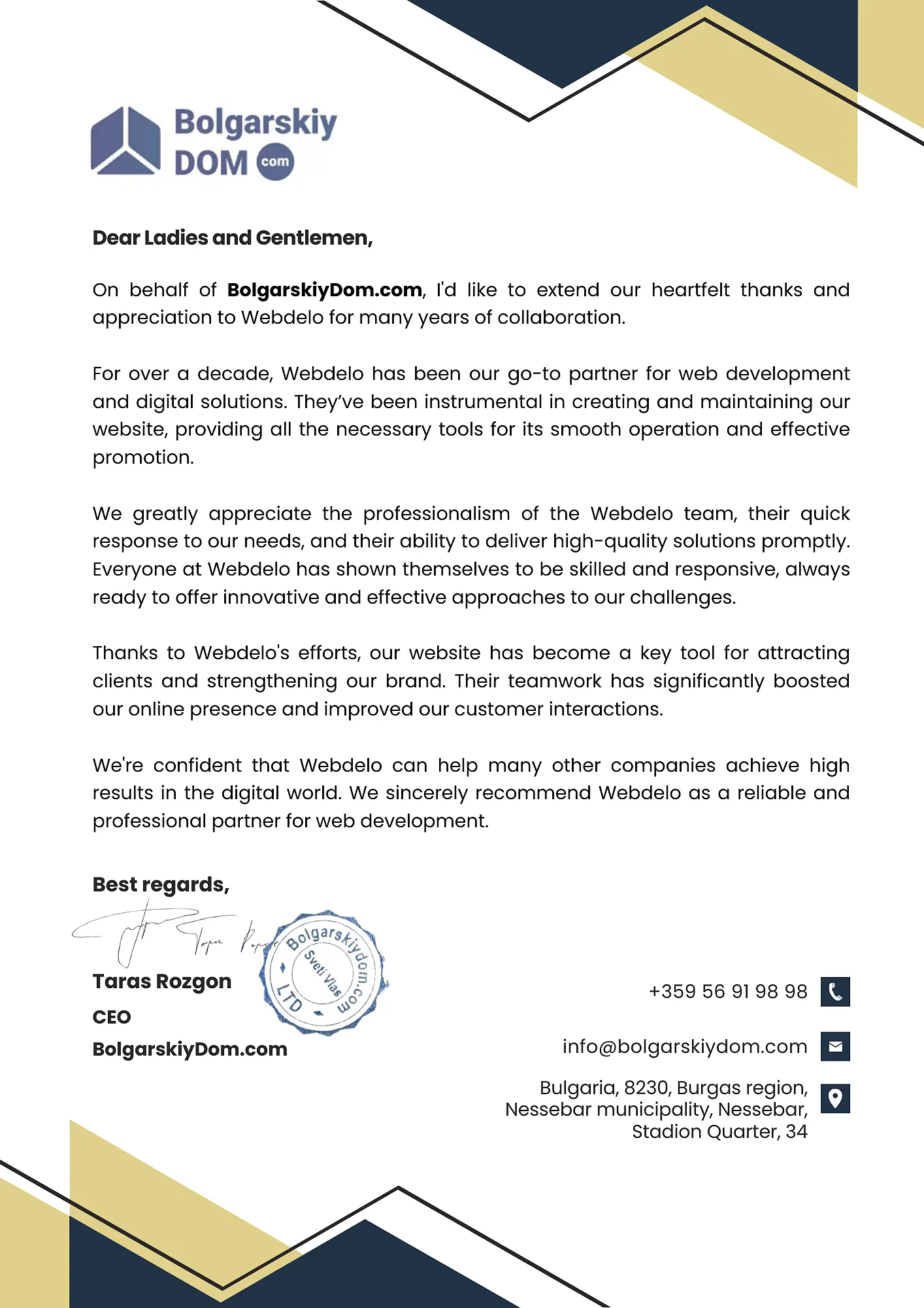 Letter of thanks for the Bolgarskiydom project