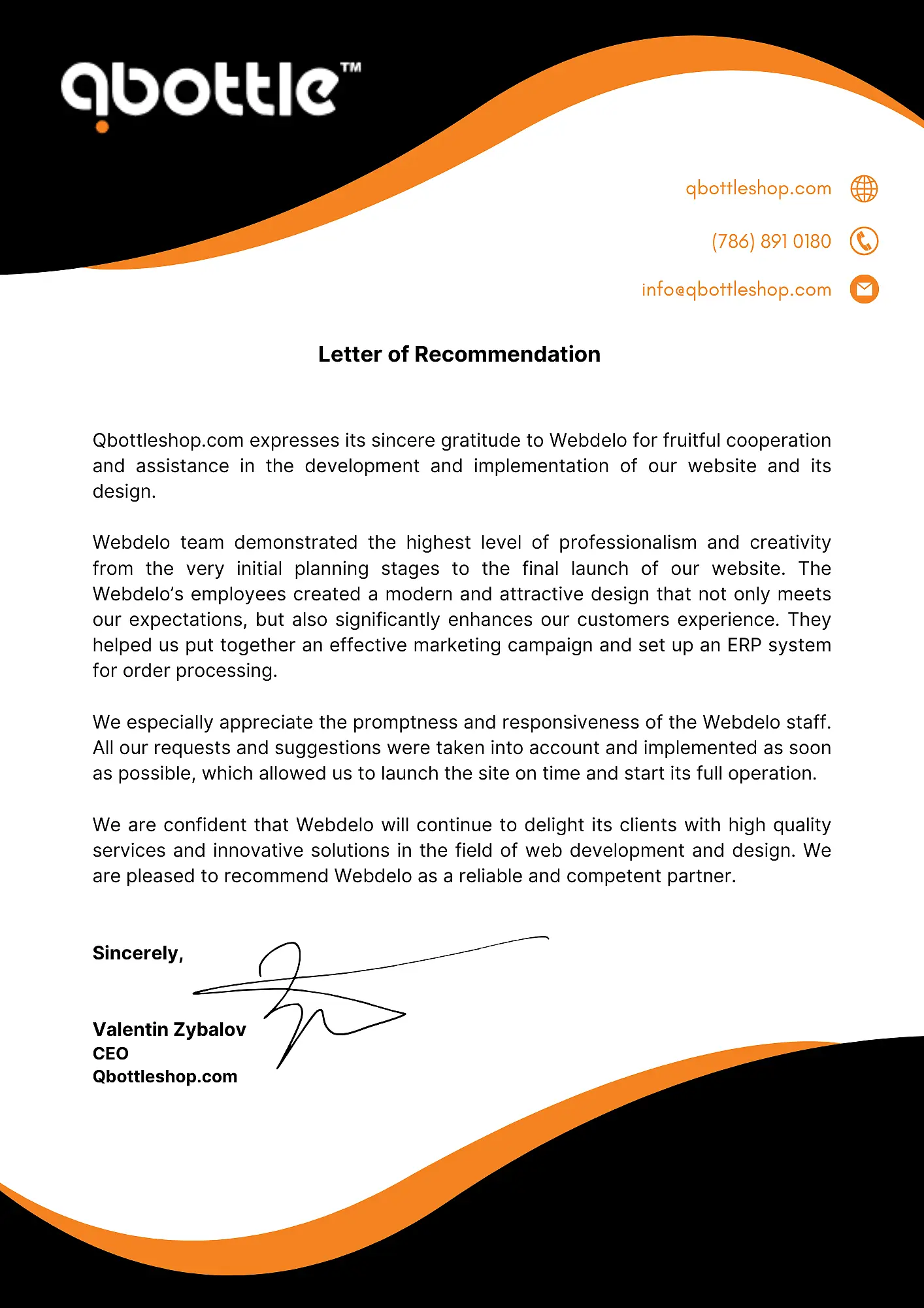 Letter of thanks for the Qbottle project