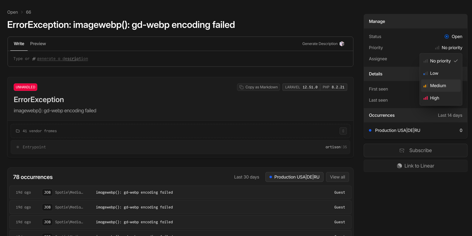 Laravel Nightwatch — Exception-Details mit Stack Trace