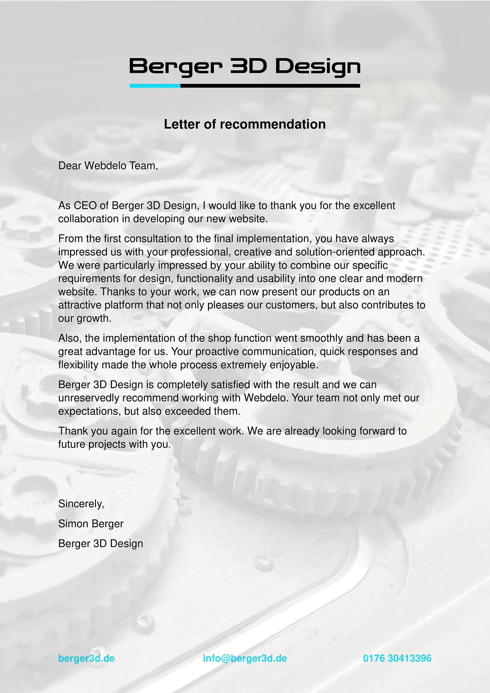 Letter of thanks for the Berger 3D Design project