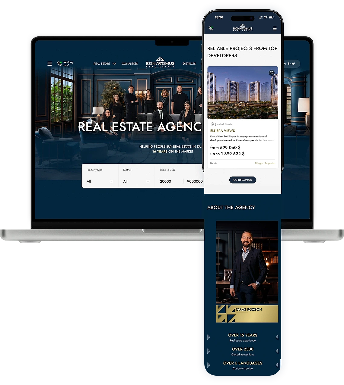 Presentation of the English version of the Bondamus real estate agency website on a laptop and smartphone