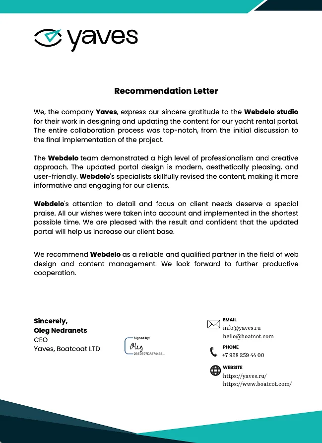 Letter of thanks for the Yaves project