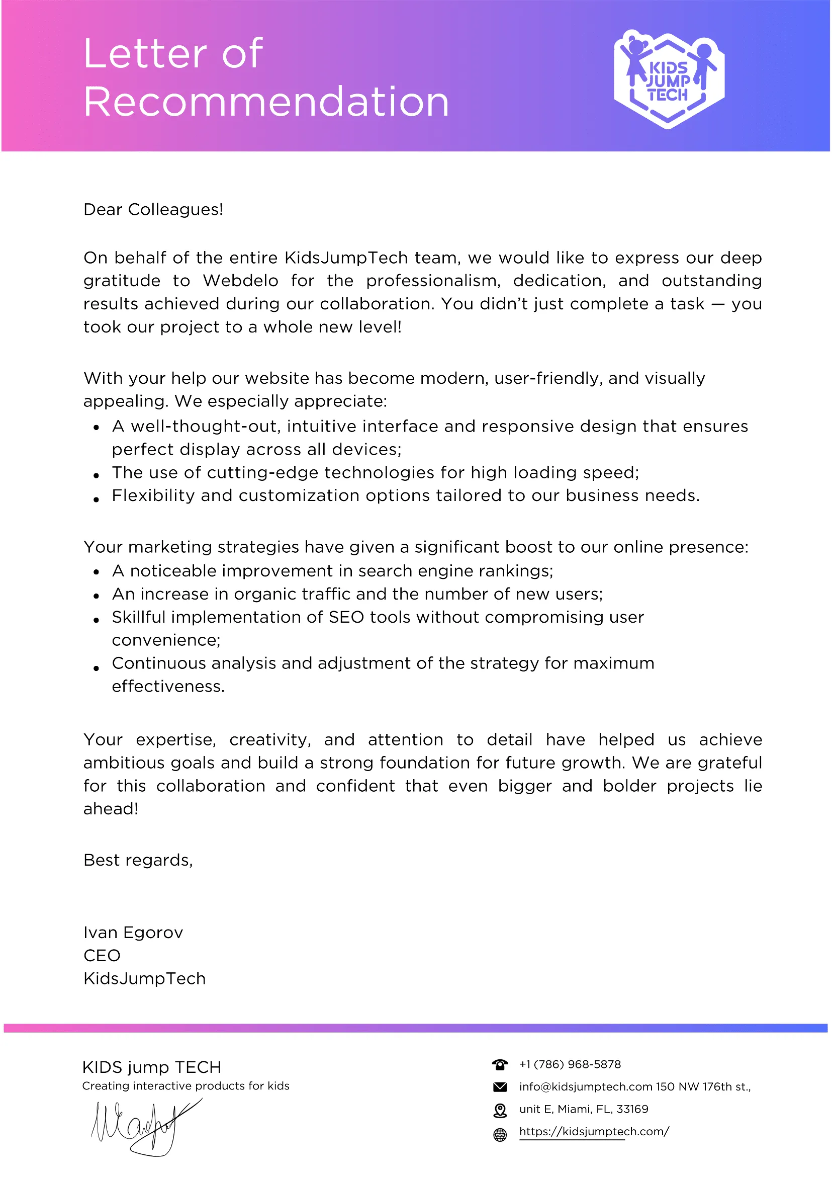 Letter of thanks for the KidsJumpTech project