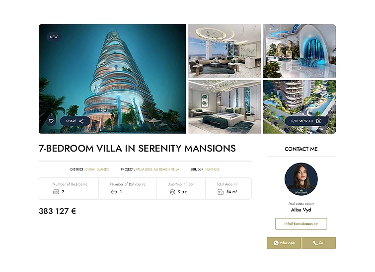Bonadomus property page showing a 7-bedroom villa in the Serenity Mansions project in Dubai