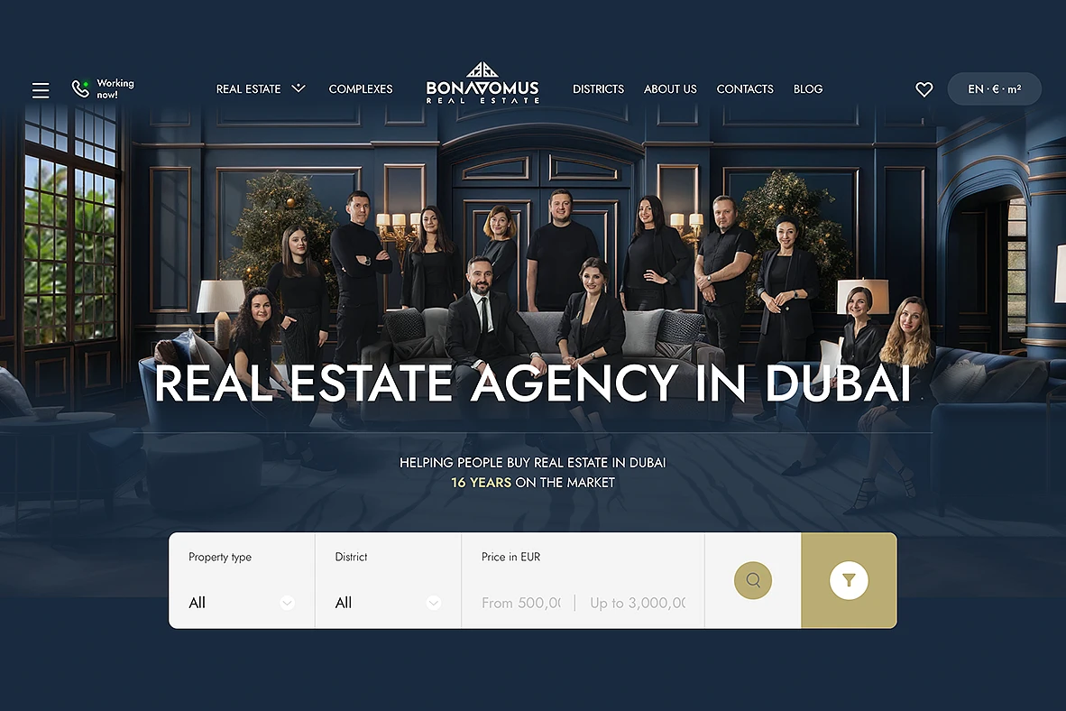 Homepage of the Bonadomus real estate agency in Dubai with the team and a property search bar