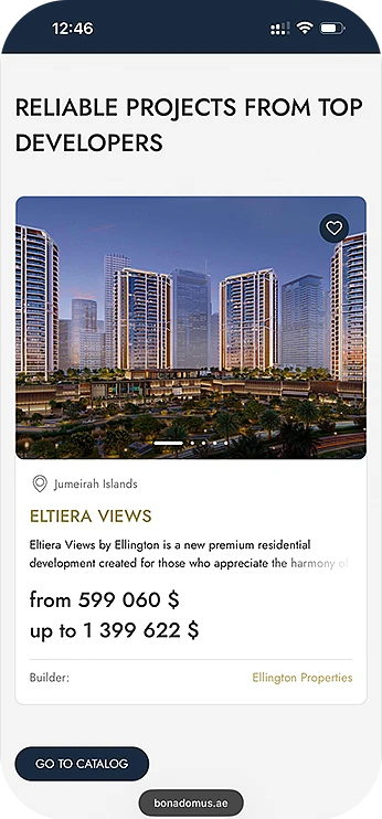 Mobile Bonadomus website showing the Eltiera Views project by Ellington in Dubai
