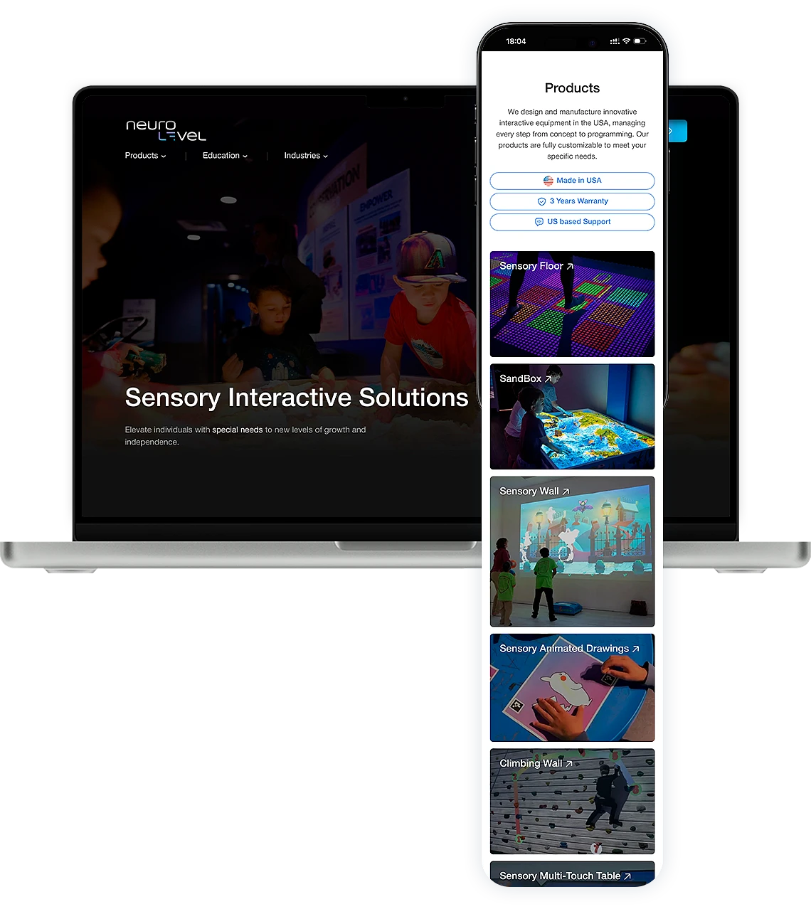 Responsive Neuro Level website featuring interactive sensory solutions for education and rehabilitation displayed on laptop and smartphone