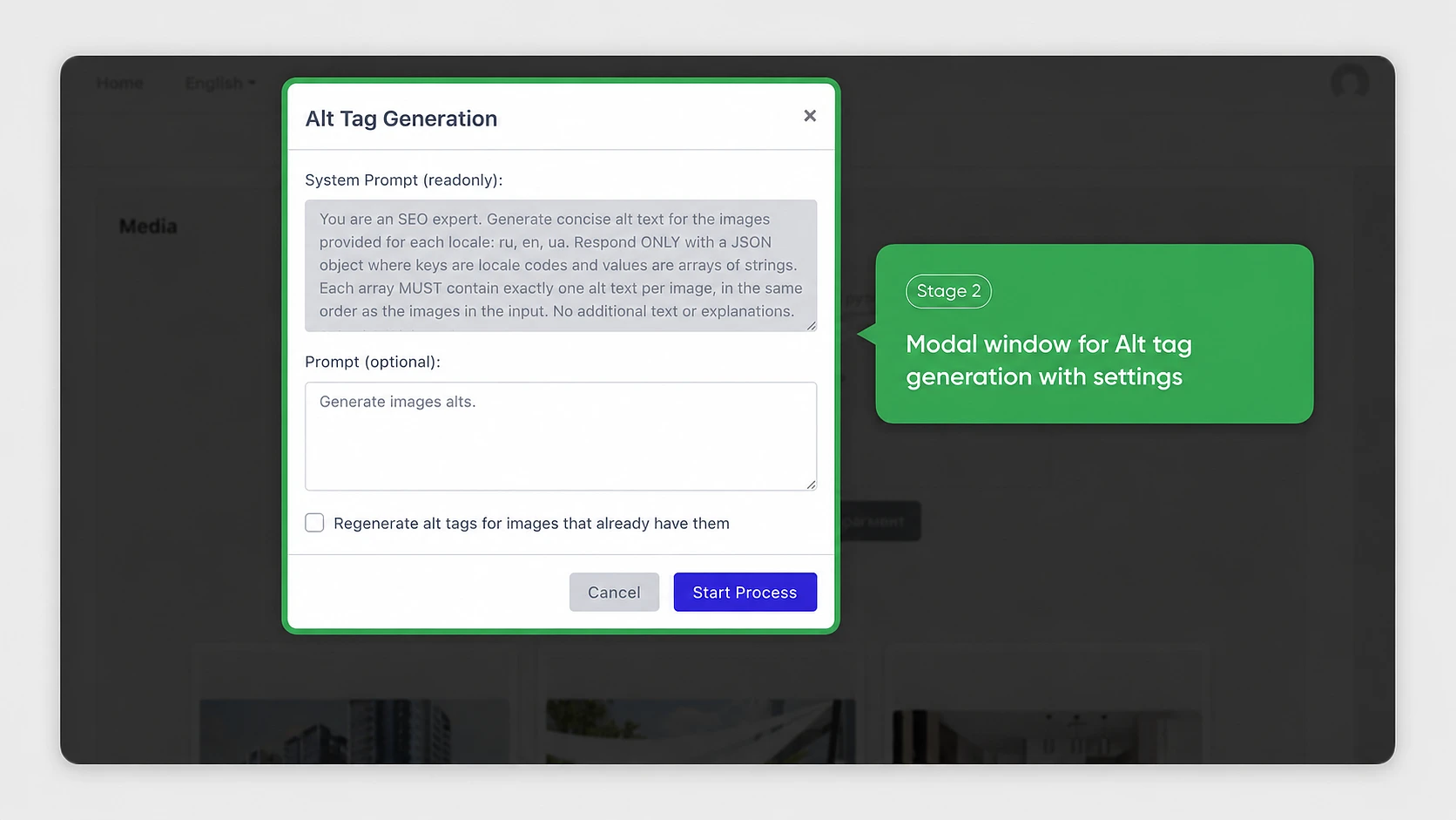 Modal window for Alt tag generation with system prompt and settings