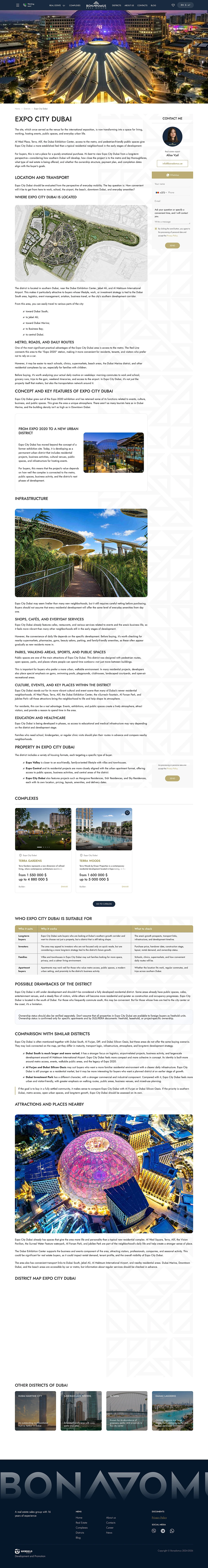 Desktop-Ansicht einer Stadtteilseite mit Immobiliendaten, Projekten, Diagrammen und Investitionsinformationen
