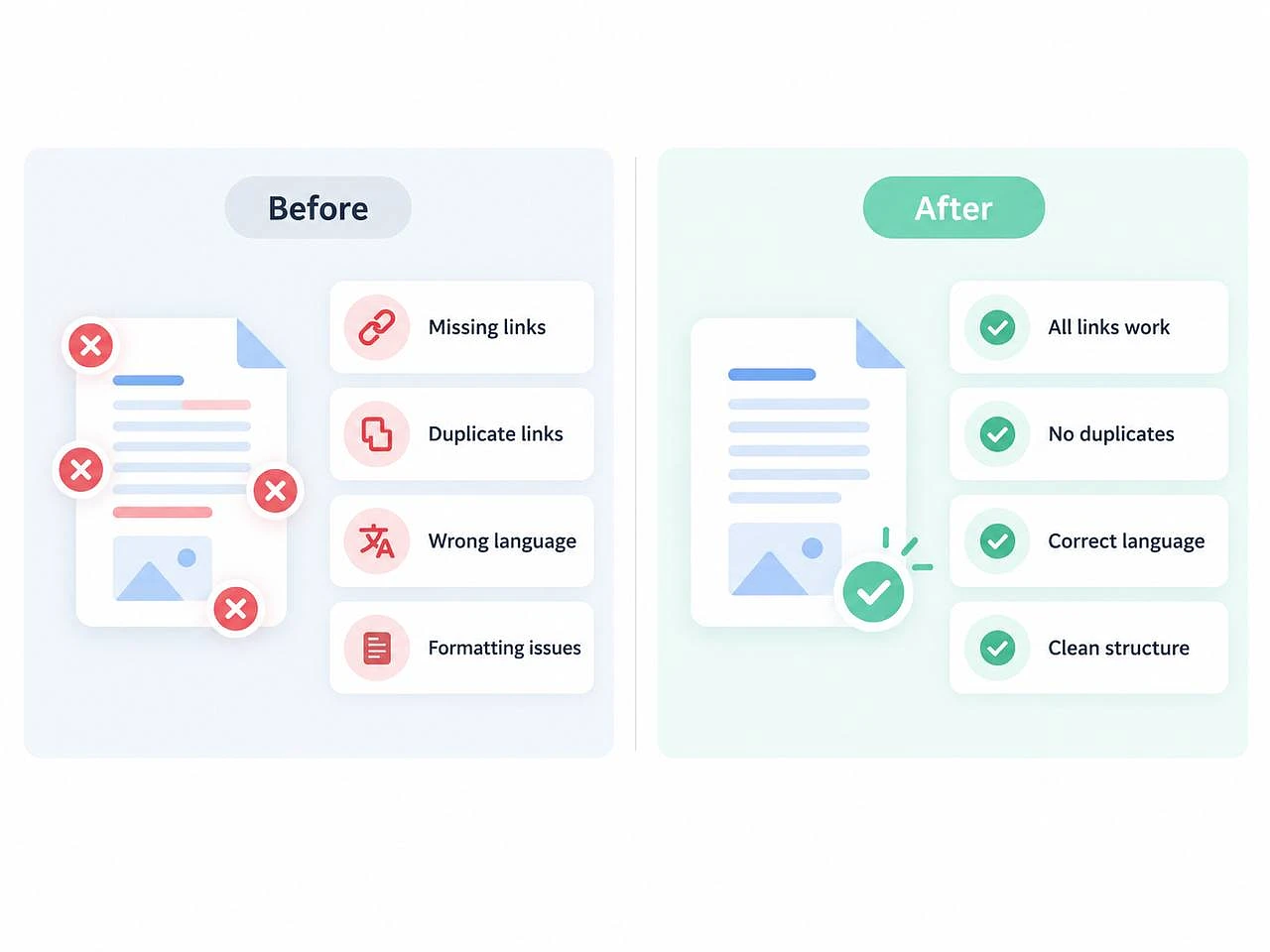 Validierung in der KI-Workflow-Automatisierung: fehlende, doppelte und fremdsprachige Links vorher, sauberer Artikel danach