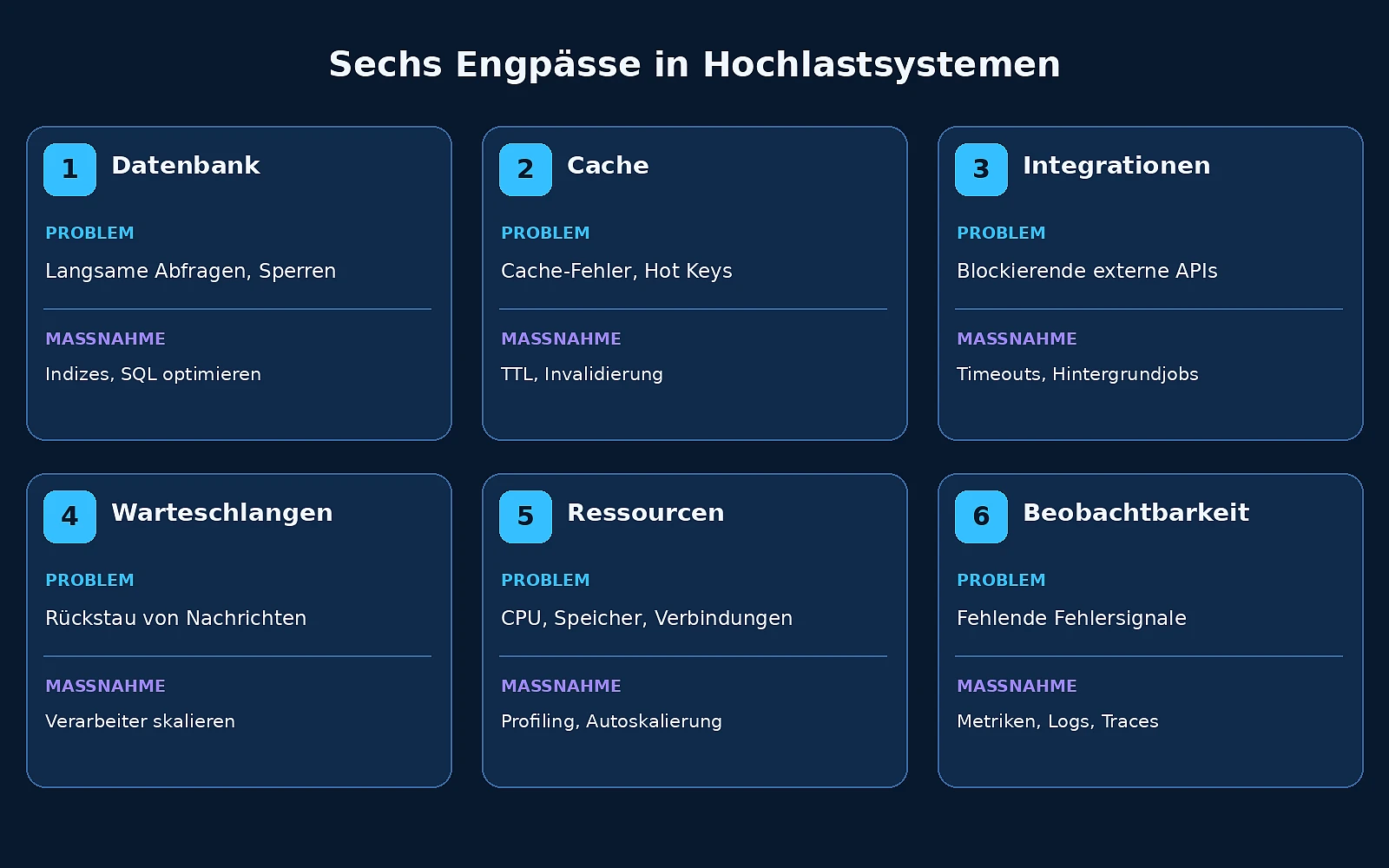 Sechs Engpässe bei hoher Last: Datenbanken, Caches, Integrationen, Warteschlangen, Ressourcen und Observability