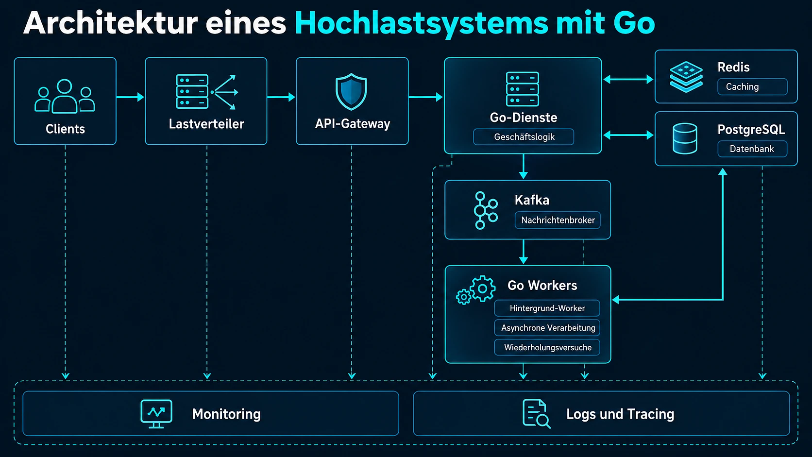 Konzeptionelles Go-Bestellsystem mit Gateway, Diensten, Redis, PostgreSQL, Kafka-Workern und Observability