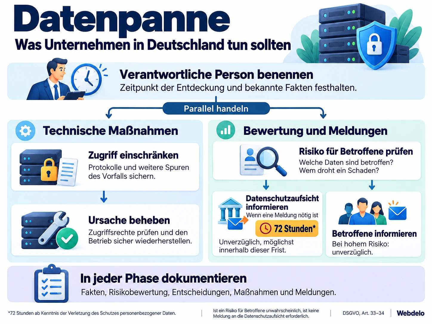 Ablaufplan bei einer Datenpanne in Deutschland mit technischen Maßnahmen, Risikobewertung und Meldepflichten