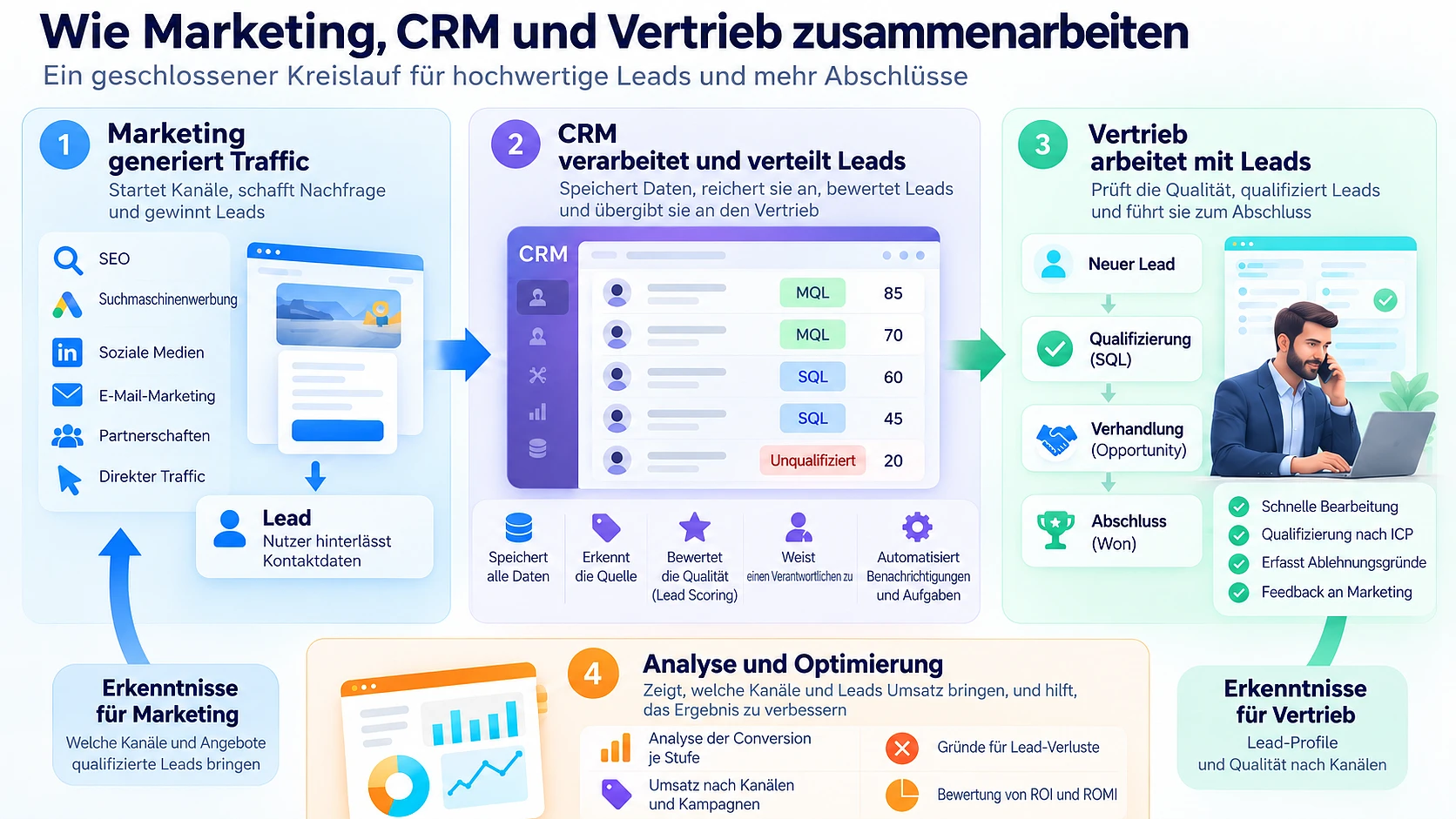 Marketing, CRM, Vertrieb und Analyse verbunden durch kontinuierliche Rückmeldungen zur Lead-Qualität