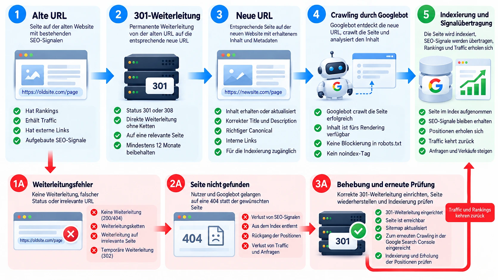 Alte URL leitet auf neue Seite weiter, danach folgen Googlebot-Crawling und Indexierung, mit separatem Weg zur Fehlerbehebung
